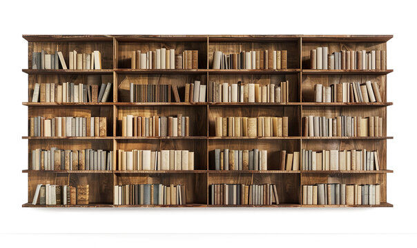 set of wooden book shelve with alot of books in it on a transparent background