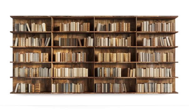 set of wooden book shelve with alot of books in it on a transparent background