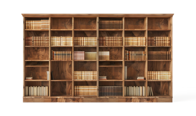 set of wooden book shelve with alot of books in it on a transparent background