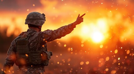 Fototapeta premium A soldier stands confidently at sunset, gesturing for attention while the vibrant colors of the sky illuminate the scene, symbolizing strength and resilience in the moment.