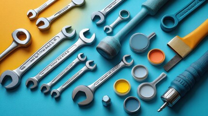 Flat lay of tools including wrenches and drills arranged in vibrant patterns