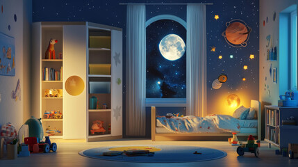 Child room interior at night. Cartoon vector illustration of dark kid boy bedroom with bed, wardrobe and other furniture, toys and books on shelf, moonlight through large window and space decorations.