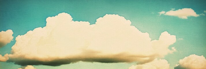 Fototapeta premium Vintage sky, fluffy white clouds, turquoise background, retro color palette, dreamy atmosphere, grainy texture, nostalgic mood, minimalist composition, peaceful scene, soft lighting, summer day, whims