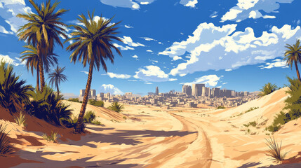 Cartoon Arabian desert landscape with sand dunes and palm trees, road leading to city or village, blue sunny sky with clouds. Vector illustration of egyptian panorama scene with city buildings.