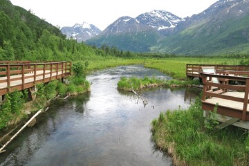 Mountains and streams of Rabbit Creek in the marsh, Anchorage, Alaska