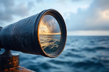 Vintage telescope focusing on a serene ocean horizon at sunrise.