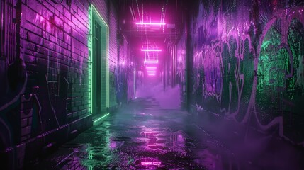 Purple and green neon lights illuminate a graffiti covered alleyway on a rainy night, creating a vibrant and moody atmosphere