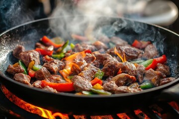 Sizzling beef and vegetables cooking over open flames in a skillet at a summer outdoor gathering