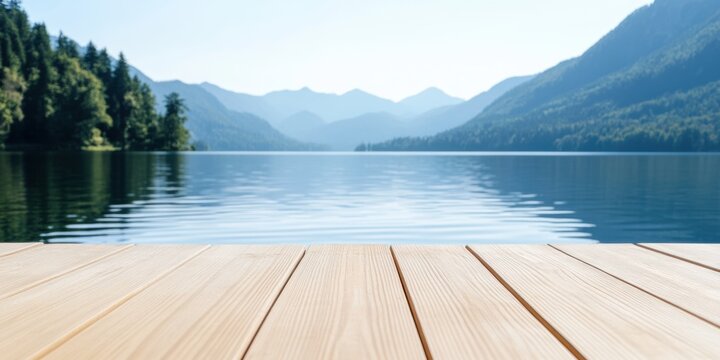  Wooden dock overlooking a serene mountain lake with calm water and forested hills in the background, symbolizing peace, nature, and relaxation