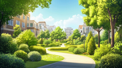City park with green lawn, bushes, trees, stone walkway and town buildings on skyline. Vector cartoon illustration of summer landscape with road, field and houses on horizon