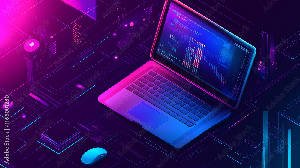 Poster 3d render open laptop fly in air, computer and mouse floating in weightlessness. digital concept of 