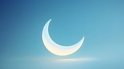 Obraz premium A serene crescent moon glowing brightly against a soft, solid blue background, symbolizing the start of Ramadan