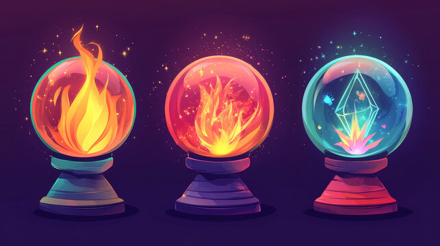 Magic fortune ball with light energy glow vector. Mystery future teller cartoon icon set. Magician fantasy clairvoyant globe with fire power. Reading prophecy prediction witchcraft game illustration.