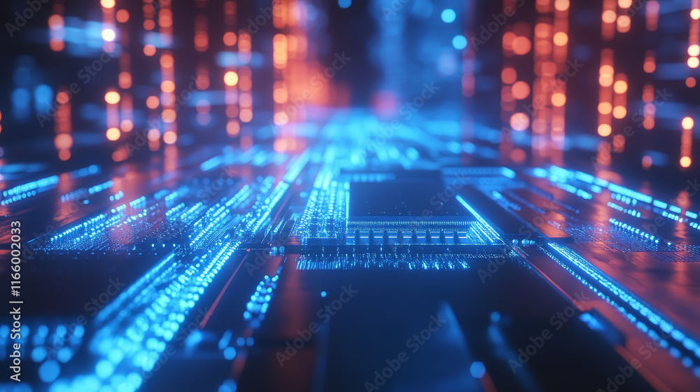 Poster futuristic microchip processor with lights on the blue background. quantum computer, concept innovat