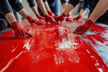 Collaborative creation of vibrant red art on a large canvas during a group painting session