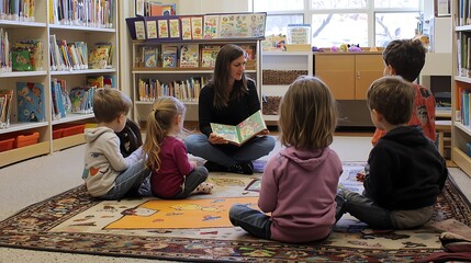 A group of children sit on the floor in a library