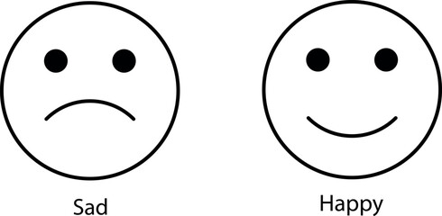  Happy and sad emoji. Line smiley face - stock vector. Rection. feedback. Happy smile and sad unhappy face icon. Positive and negative feeling symbol. 