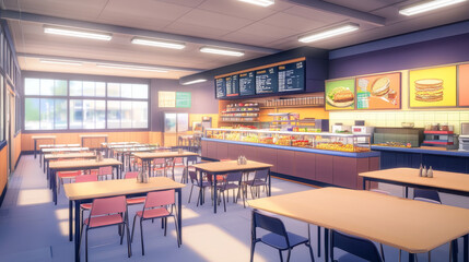 Contemporary school canteen interior design. Vector cartoon illustration of empty university or college cafeteria hall with tables, chairs, snacks, desserts in showcase. Sandwich bar in shopping mall