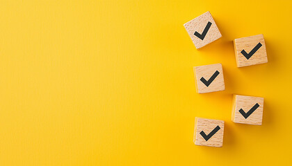 Check symbol on wooden cube on yellow background generated.AI