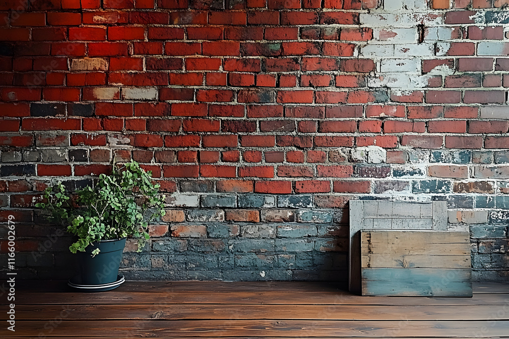 Poster stock photo features a rustic background with a red brick wall texture and a wooden floor, creating 