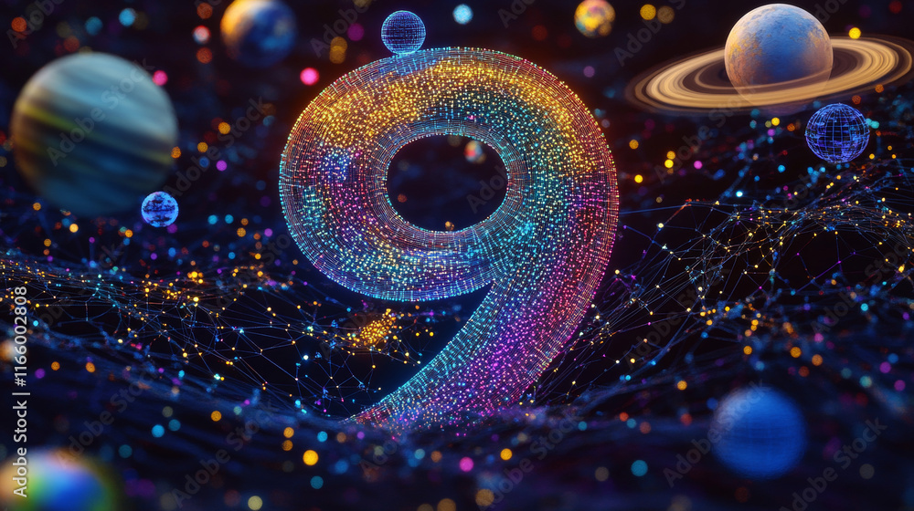 Poster abstract image of a number nine in the form of a starry sky or space, consisting of points, lines, a