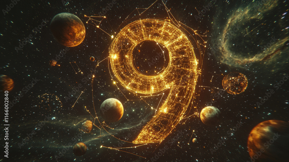 Poster abstract image of a number nine in the form of a starry sky or space, consisting of points, lines, a