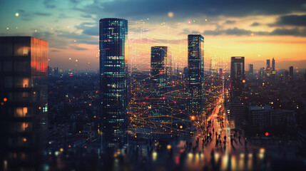 Obraz premium Abstract business team stands on the peak of success amid tall, innovative Smart city and graphs with statistics to analyze business potential and predict future developments in company growth.