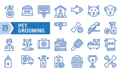 25 Blue Line Pet Grooming Icons for Website and Mobile App Design.