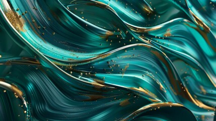 Teal and gold abstract waves background with golden particles flowing, creating a luxurious and elegant wallpaper design