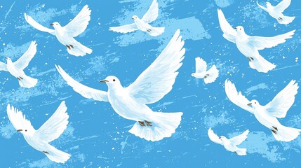 White doves soaring in a blue sky.