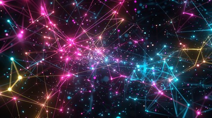 Naklejka premium Colorful connecting lines and dots forming a plexus effect over a black background, ideal for technology or communication related designs