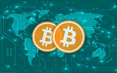 images of the bitcoin-btc logo on a digital background. 3d illustrations.