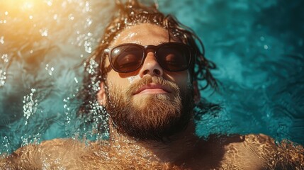 Fototapeta premium A man with sunglasses floats peacefully in tranquil waters, surrounded by shimmering sunlight, evoking a feeling of tranquility and total relaxation beneath a bright sky.
