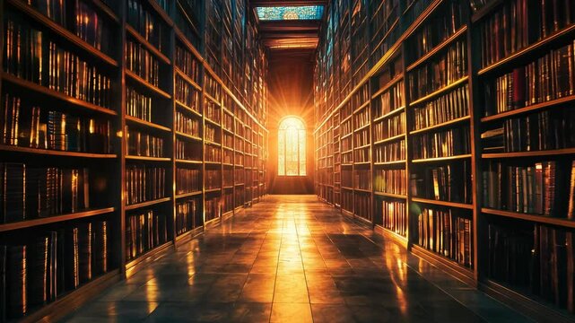A mystical library filled with towering shelves of ancient books, glowing with magical light