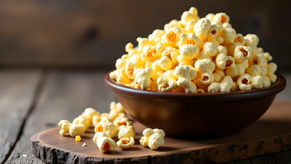 Delicious popcorn in a rustic bowl, perfect for movie nights.