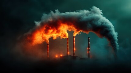An imposing industrial scene of smokestacks with fiery emissions set against a darkened sky, representing humanity's struggle with pollution and energy needs.