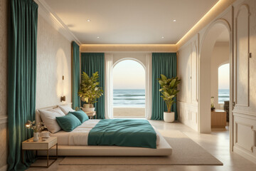 A photo of minimalistic bedroom interior design: A bedroom with a large bed and green curtains.