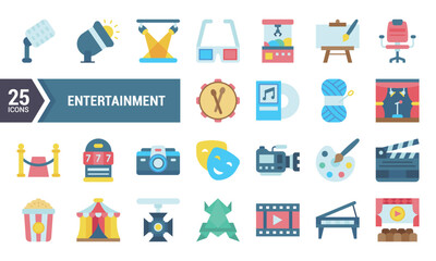 25 Flat Icons for Entertainment and Leisure Activities.