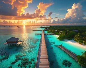 A breathtaking aerial view captures stunning expanse of Maldives island, showcasing luxurious water...