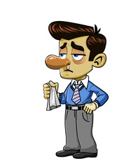 Cartoon man has a cold. His nose is running. He is holding a handkerchief. transparent, transparent background vector