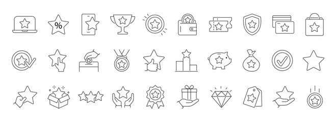 Benefit line icons set. Reward, bonus, loyalty, star, winner, award. Editable stroke. Vector illustration.