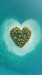 Heart-shaped tropical island surrounded by turquoise water, symbolizing romance, nature, and exotic travel destinations