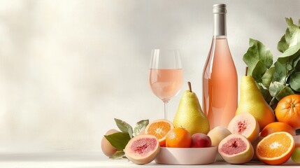 A vibrant display of assorted fruits alongside a glass of rosé wine, showcasing a refreshing and inviting summer beverage perfect for social gatherings and relaxation.