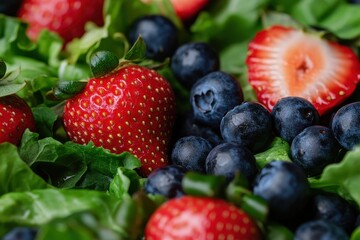 Obraz premium Fresh strawberries, blueberries, and leafy greens in a colorful arrangement ready for a healthy dish or fruit salad