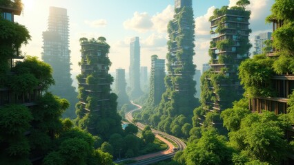 Obraz premium A modern megacity with eco-friendly architecture: vertical gardens, green rooftops, and sustainable building materials, offering a harmonious blend of nature and innovation