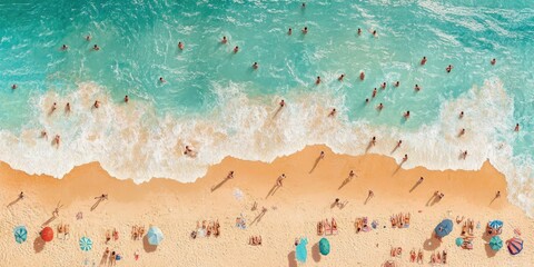 Aerial View of Beachgoers Swimming and Sunbathing