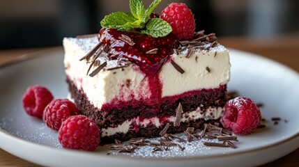 A sumptuous raspberry layered cake adorned with chocolate shavings and garnished with fresh raspberries, reflecting an artistic blend of flavors and textures.