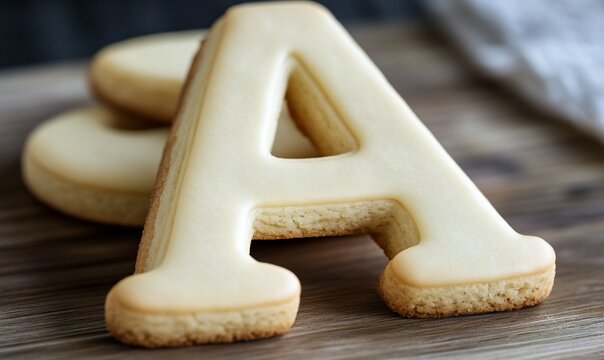 Sugar cookies shaped as letter A on wooden board.