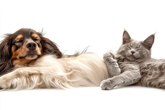 Long-haired dog and gray cat relax together on white background in minimalist composition