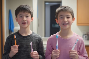 Twin boys with toothbrushes smiling in a bright bathroom during morning routine